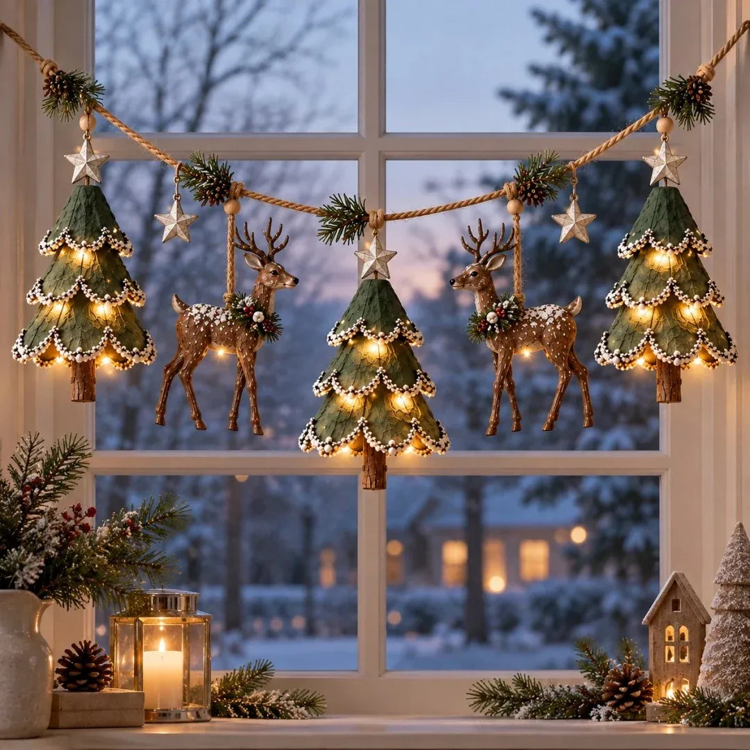 Lighted woodland Christmas garland glowing at night Lighted woodland Christmas garland glowing at night