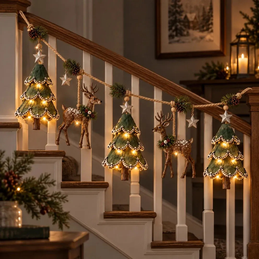 Woodland Christmas garland decorating a staircase