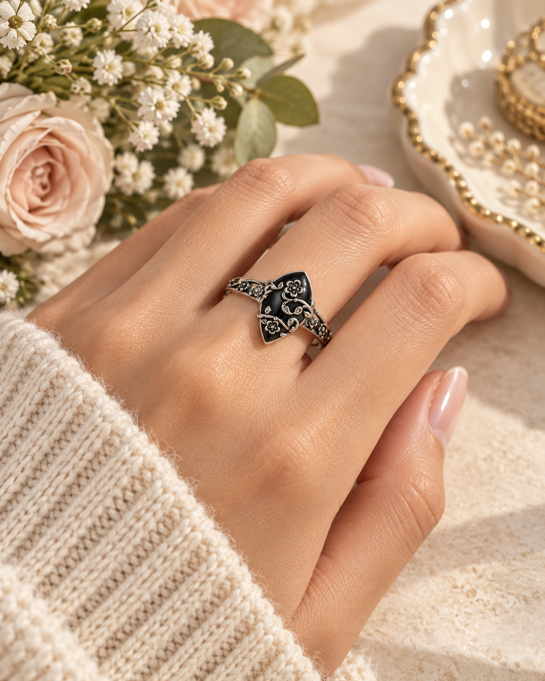 Vintage bohemian floral geometric ring worn on a hand