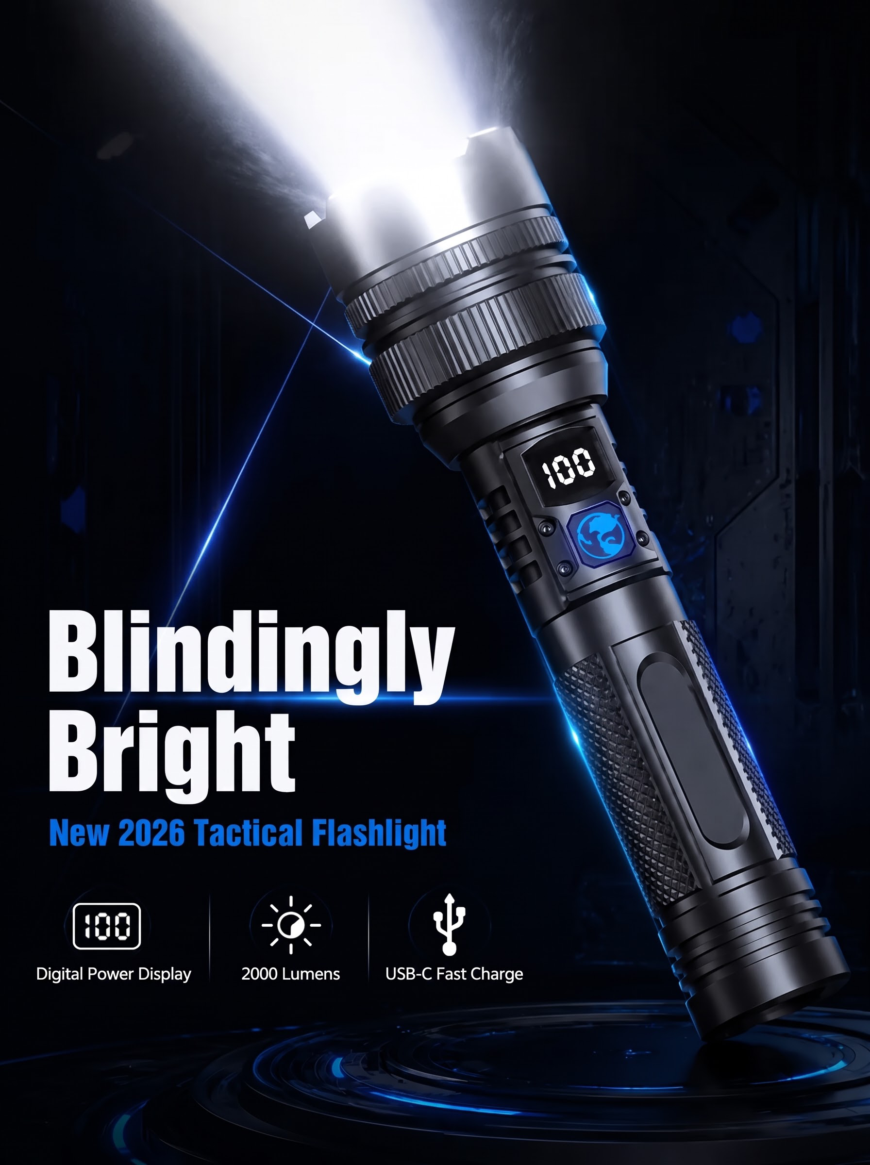 High power rechargeable zoom flashlight with digital battery display