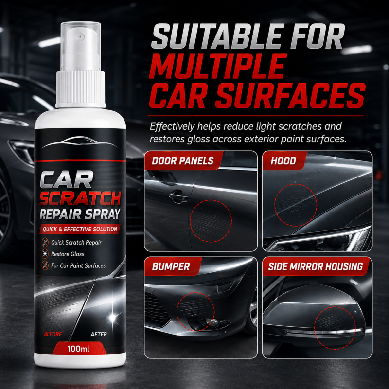 Car scratch repair spray shown on door panels, hood, bumper, and side mirror housing