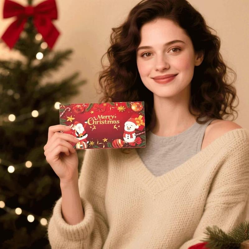 Woman holding the compact Christmas cash gift envelope with Santa and snowman artwork