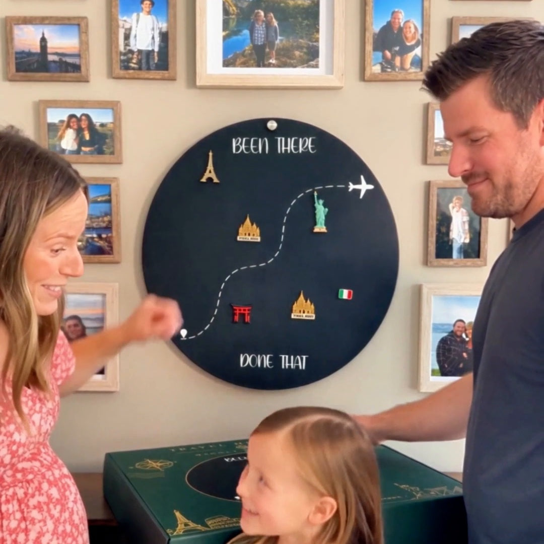 Family enjoying their travel magnet memory display together