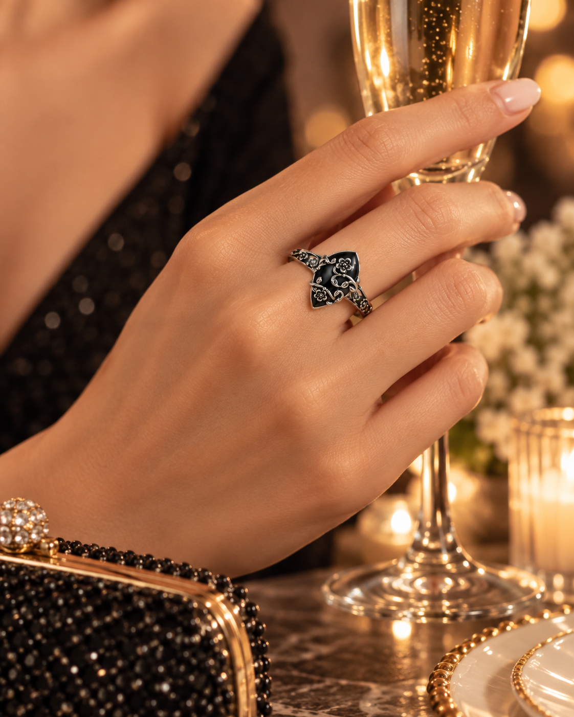 Floral geometric ring styled for an evening look