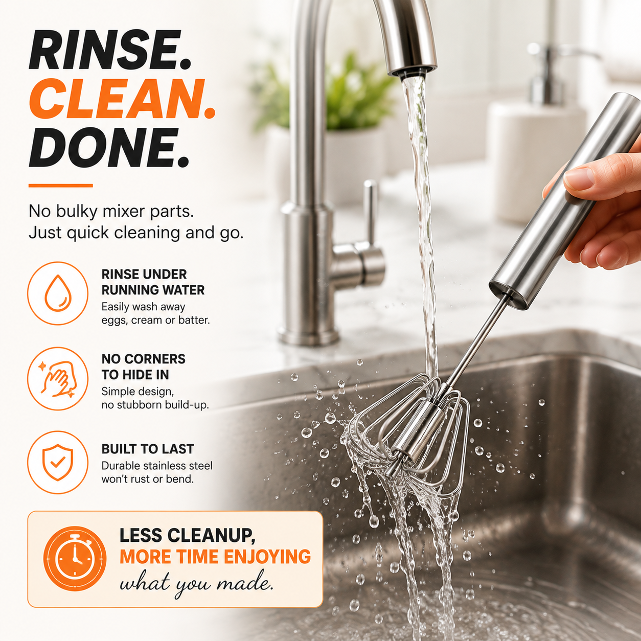 Rinsing rotary whisk under running water