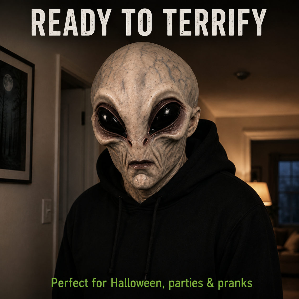 Adult Wearing Hyper Realistic Alien Halloween Mask