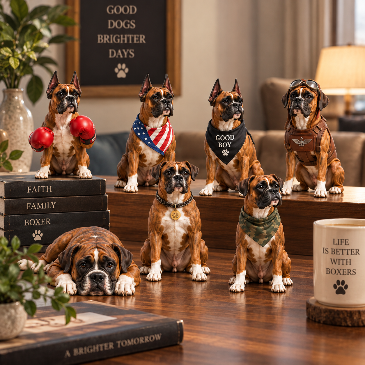 Boxer dog collectible figurines displayed as home decor