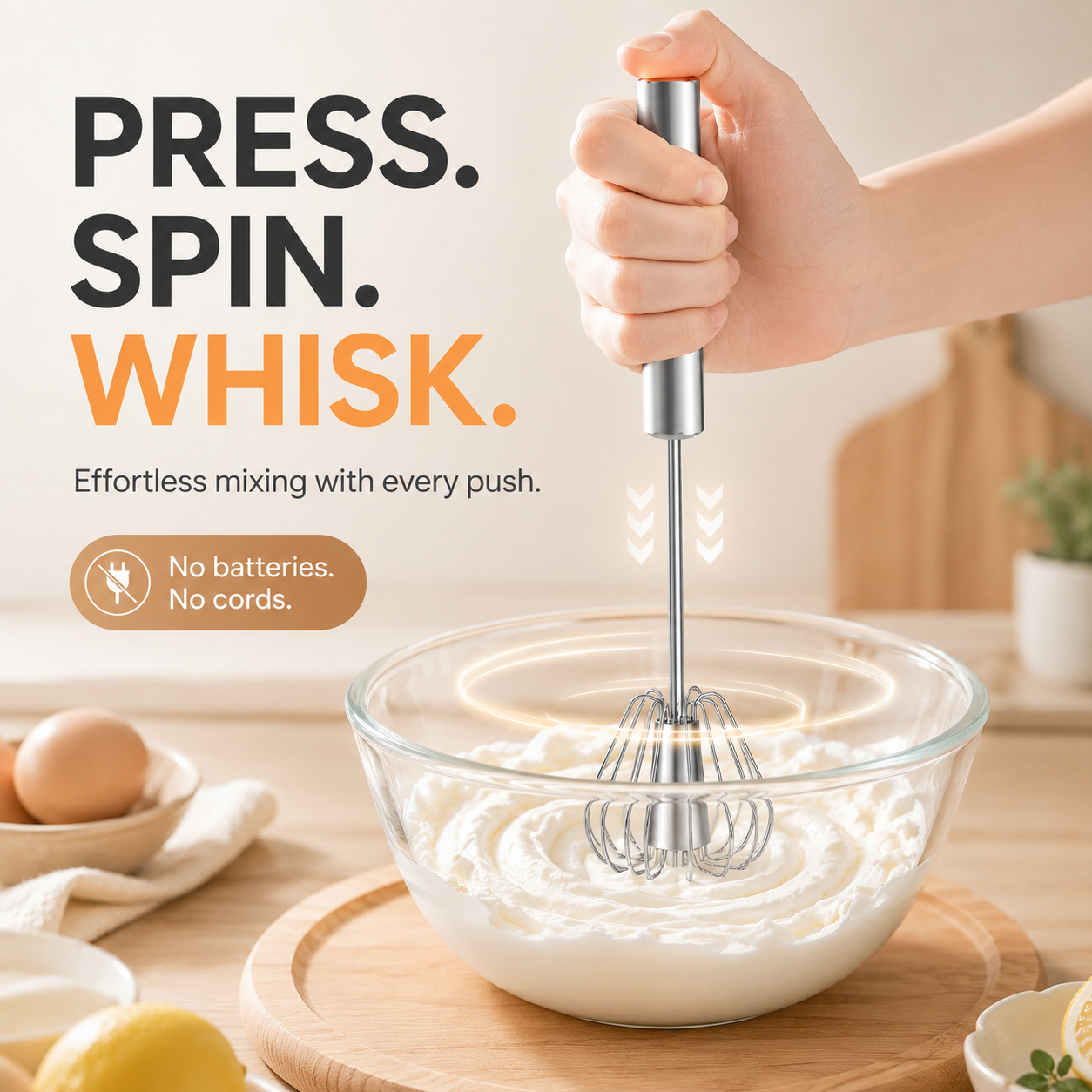 Hand push whisk mixing cream