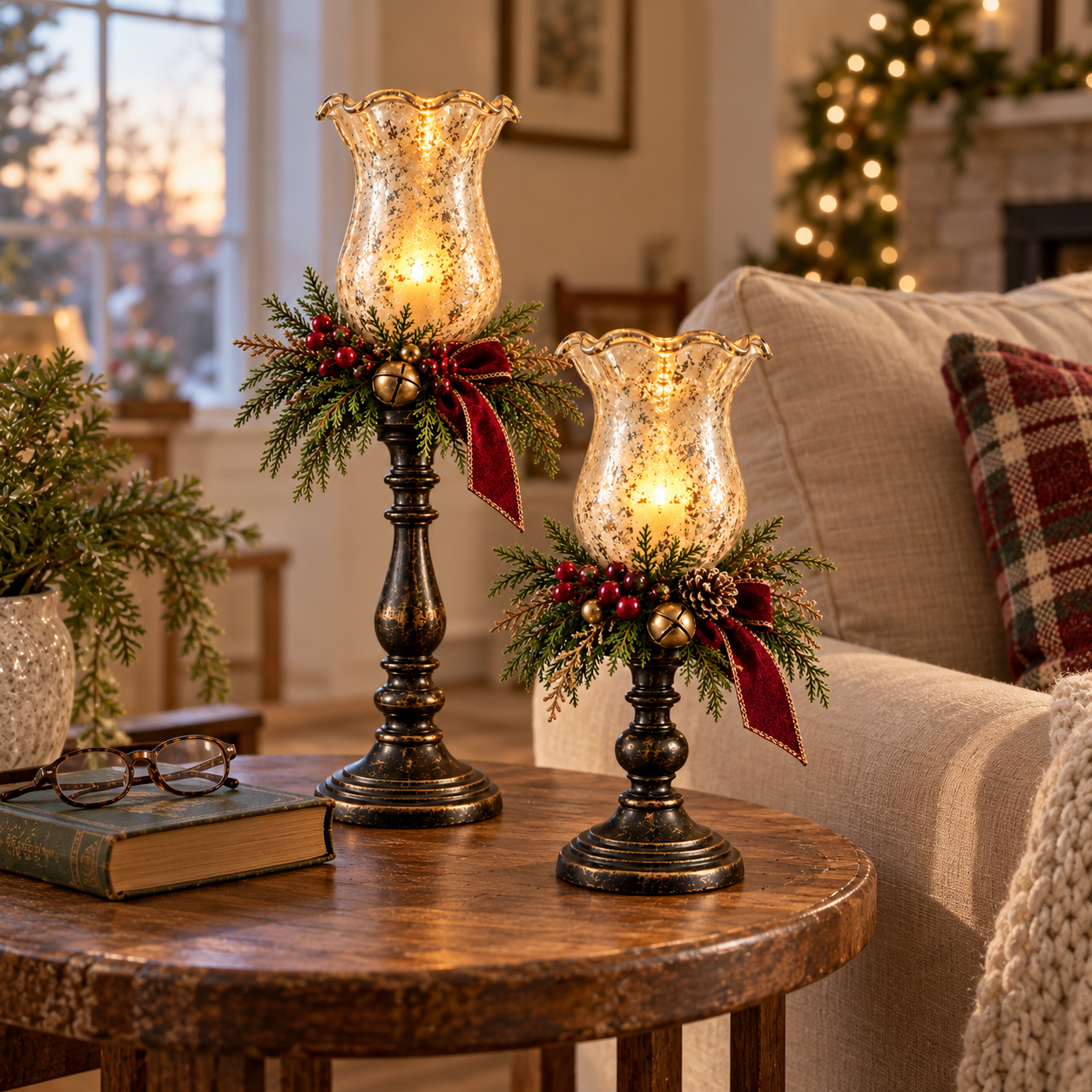 Christmas lamps styled on living room side table
