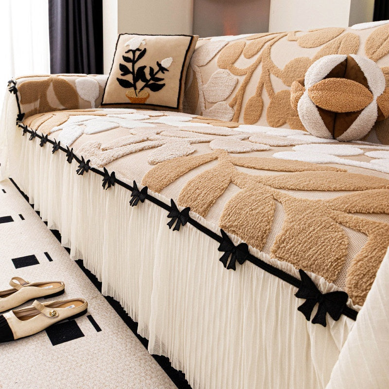Beige Botanical Plush Sofa Cover