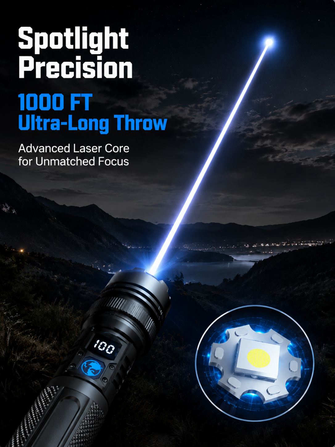 Long distance focused flashlight beam