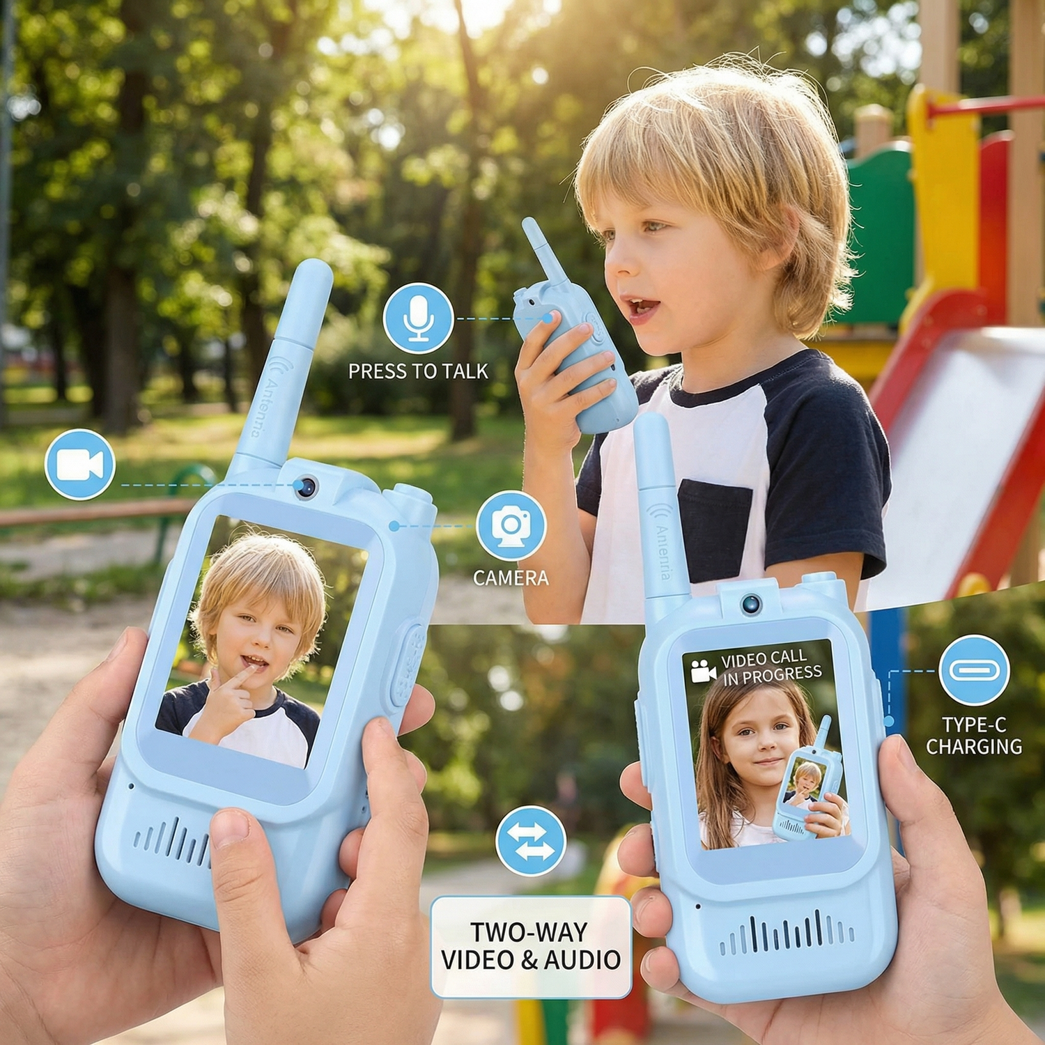 Kids video walkie talkie controls and Type-C charging