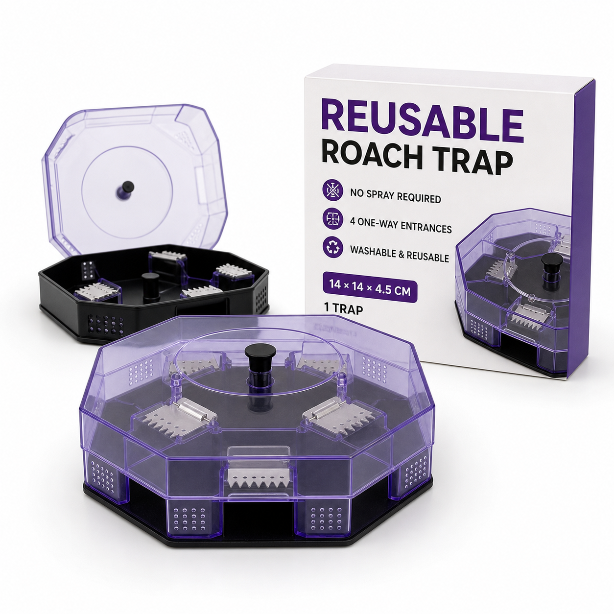 Reusable no-spray roach trap with four entry points and removable lid