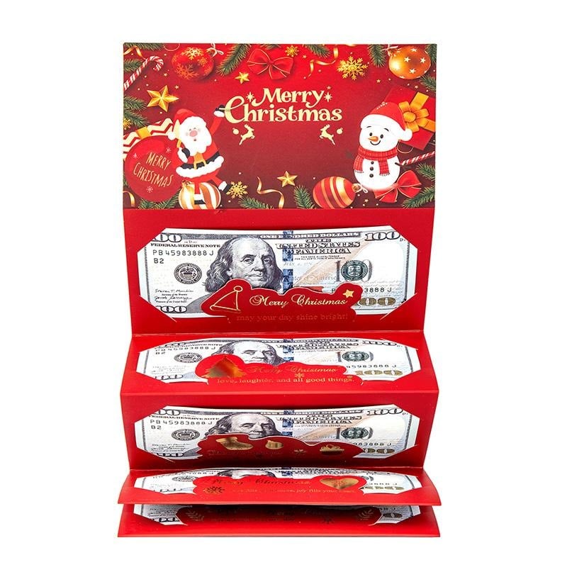 Christmas cash holder opened to display its six folding money slots