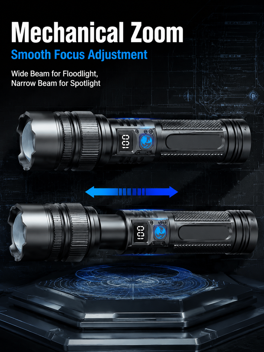 Mechanical zoom flashlight wide beam and spotlight adjustment