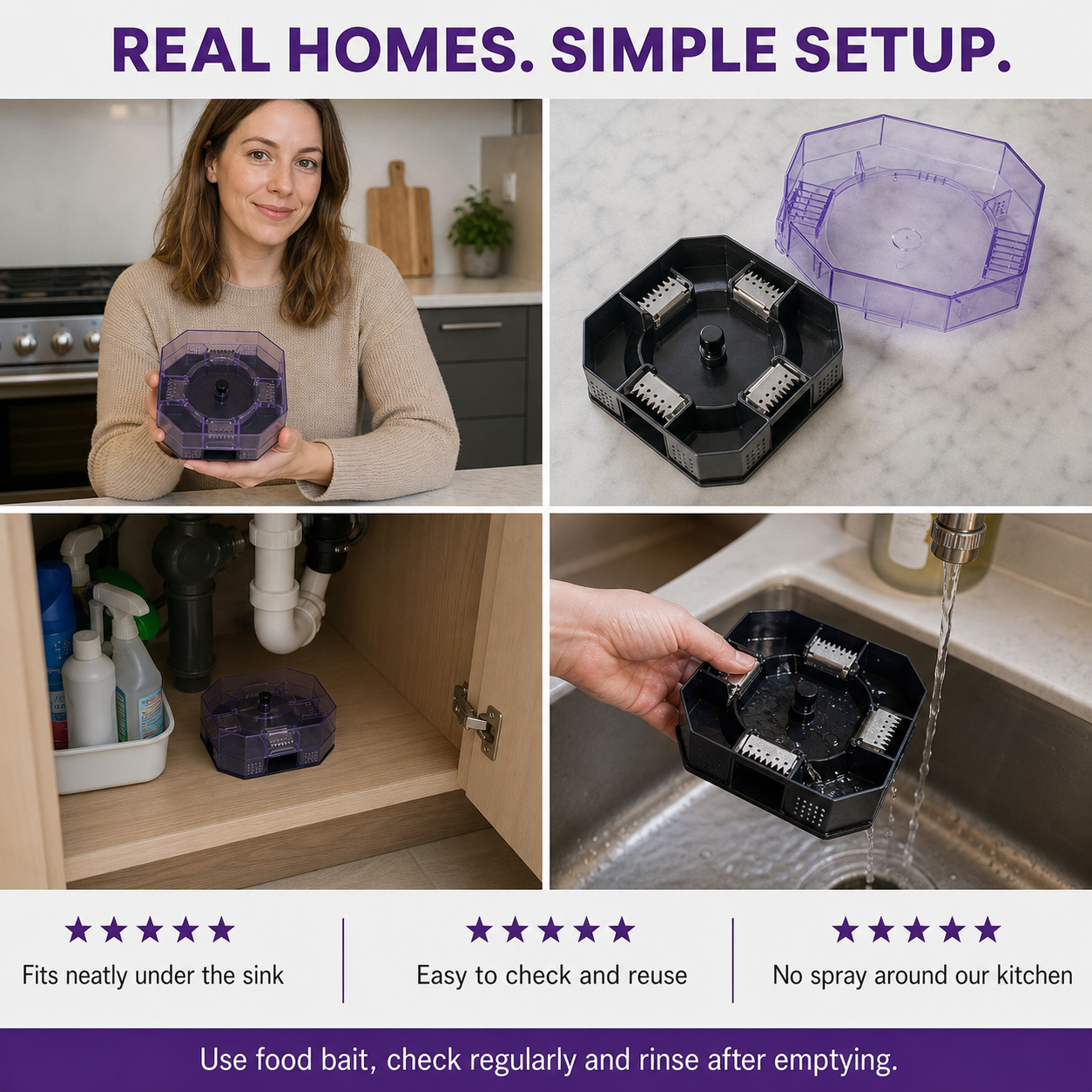 Reusable roach trap shown inside a home and being rinsed