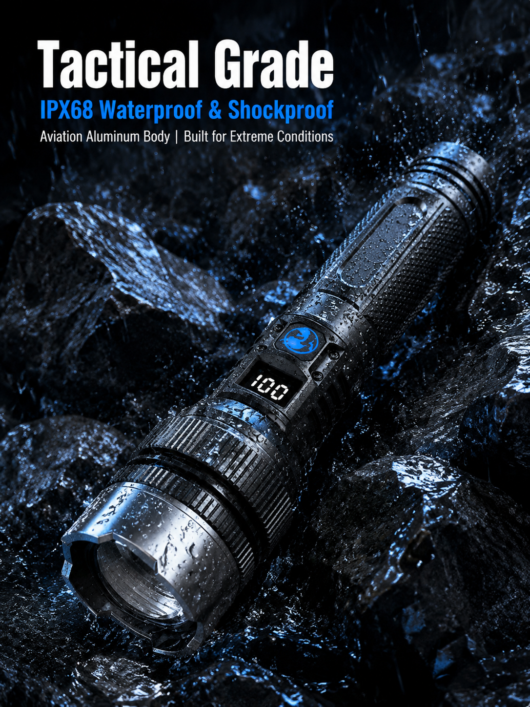 Water resistant rugged aluminum flashlight