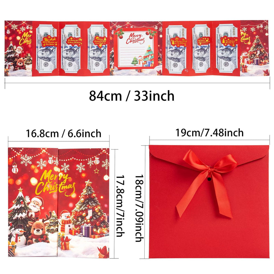 Horizontal Christmas cash holder with six cash slots, central message area and dimensions