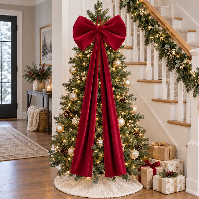 Velvet bow used as a Christmas tree topper by the stairway
