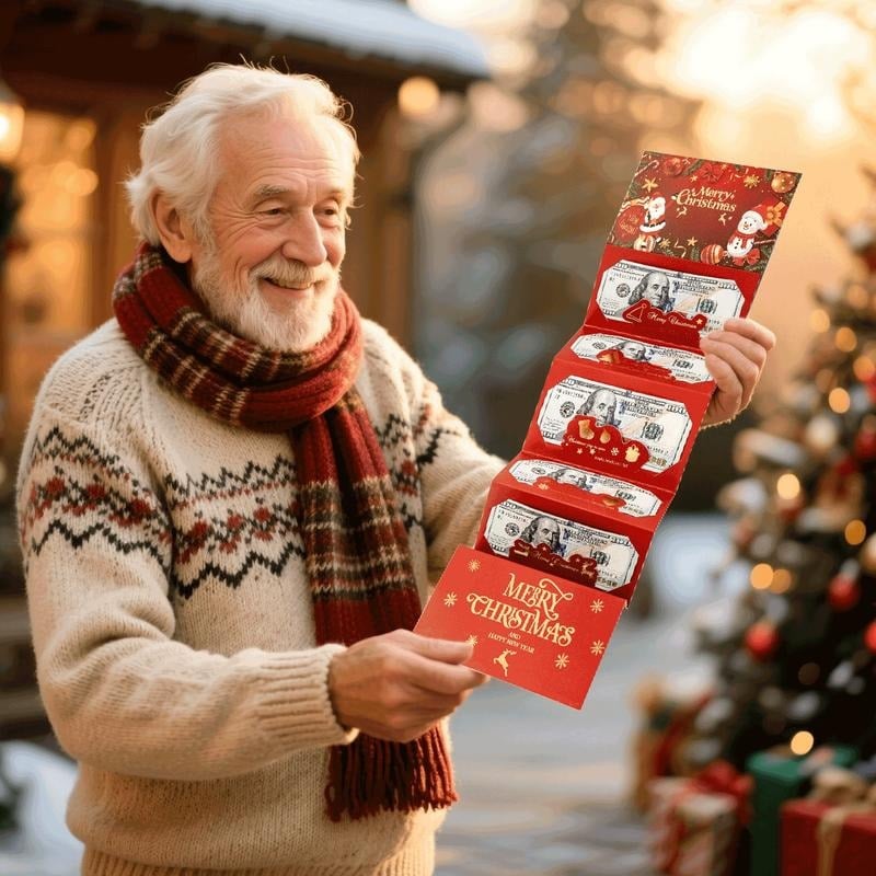 Older man showing an unfolded Christmas cash gift holder beside a Christmas tree
