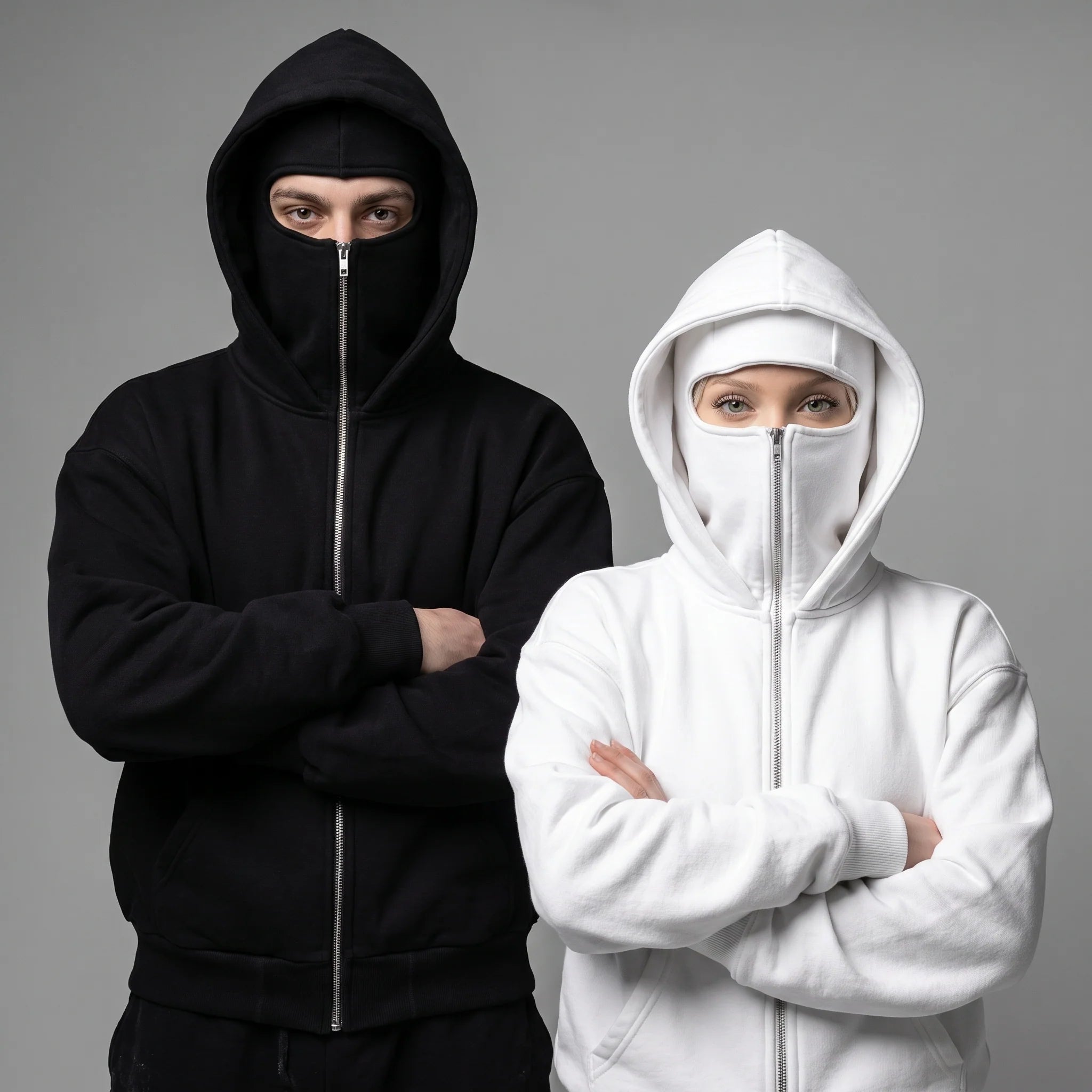 Aluckgoodup double layer zipped hoodie black and white