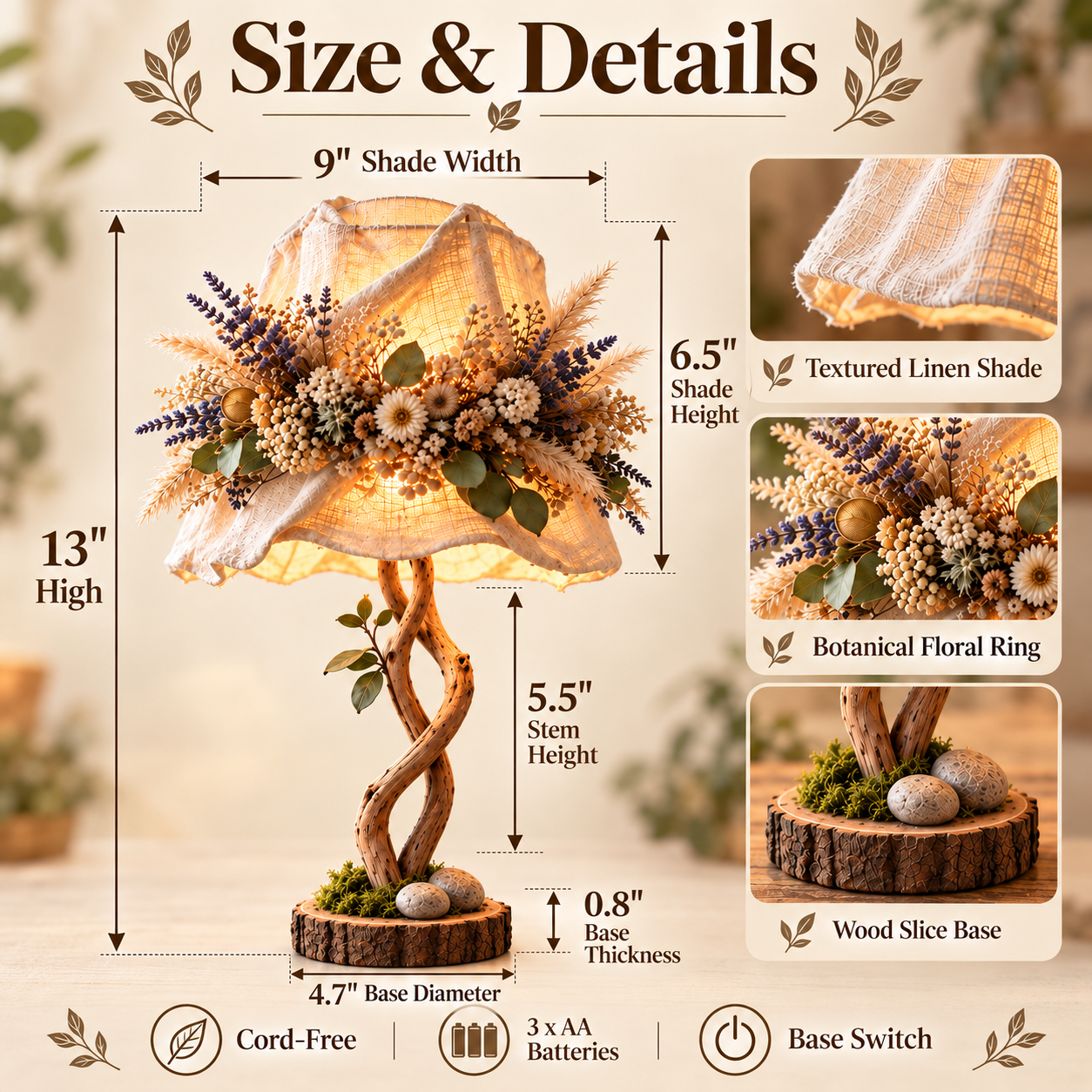 Cord-free Botanical Woodland Table Lamp on a shelf