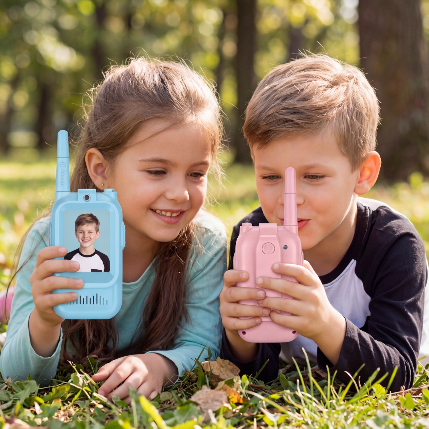 Children playing outdoors with video walkie talkies
