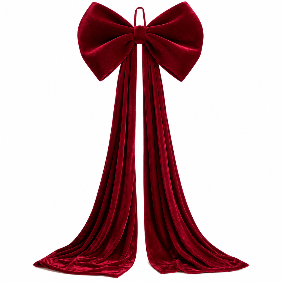 Close-up product view of long burgundy red velvet bow with cascading ribbon tails