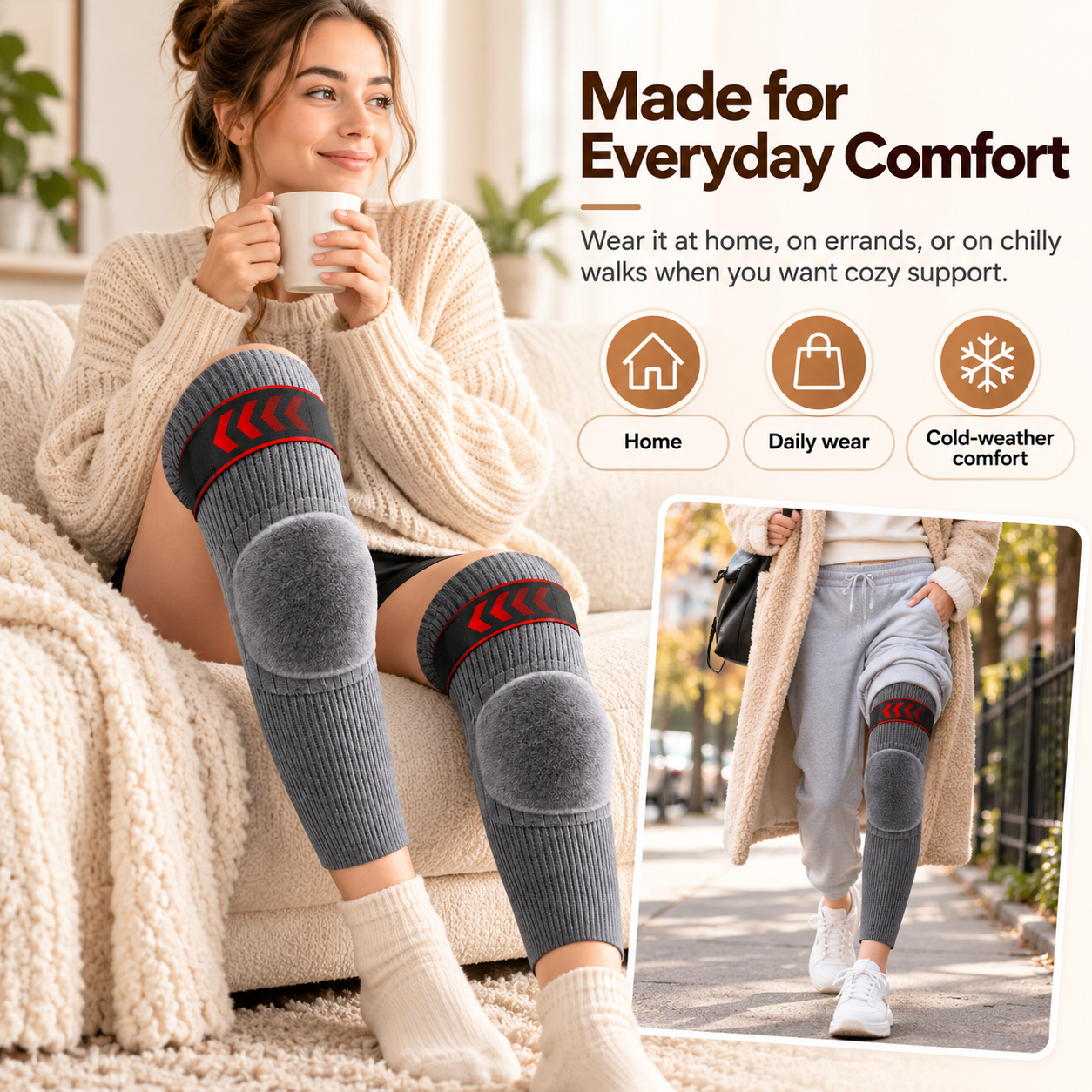 Woman wearing thermal knee warmers at home and during a chilly outdoor walk