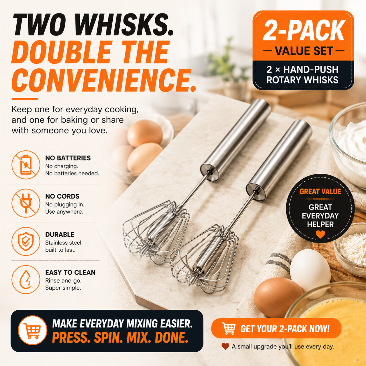 2 pack hand push rotary whisks
