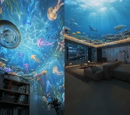 Animated underwater room artwork, not verified product output