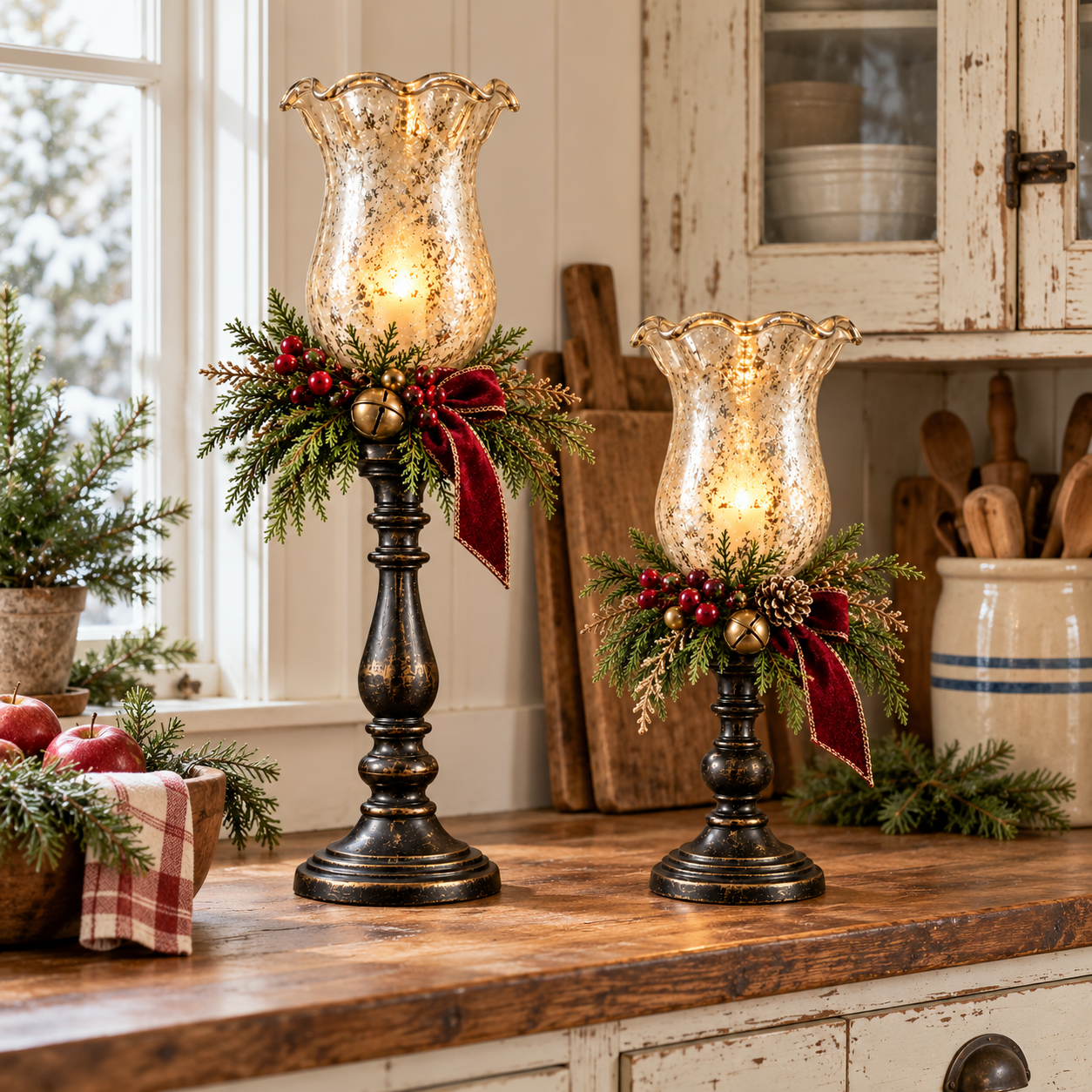 Rustic farmhouse Christmas candle lamp display