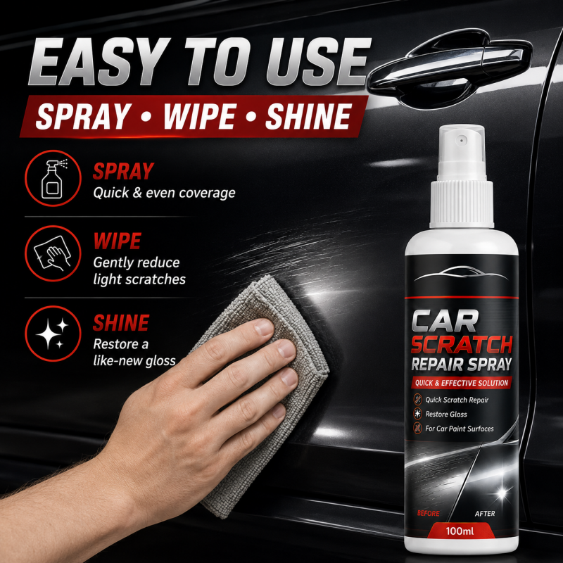 Three steps showing how to use the car scratch repair spray