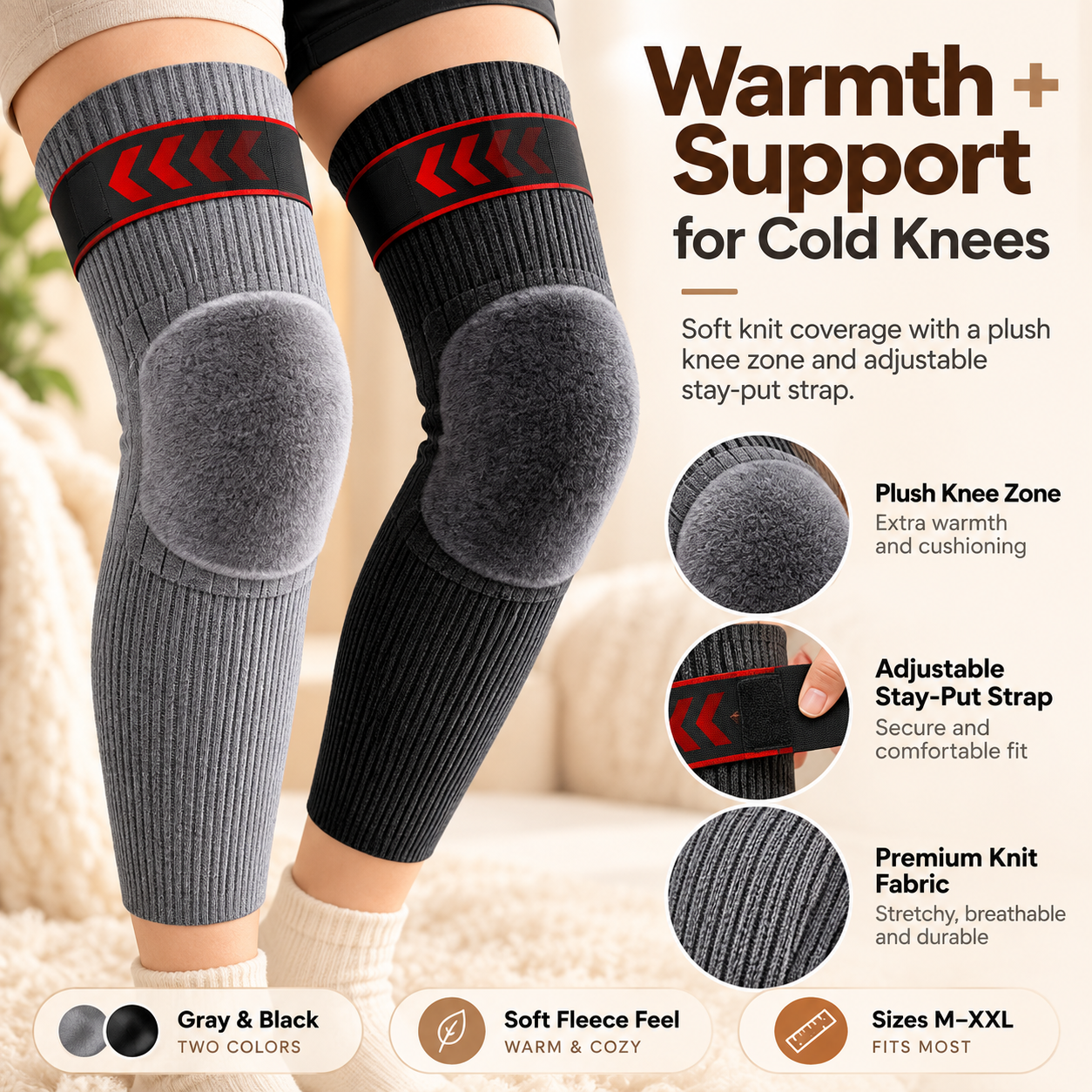 Fleece-lined thermal knee warmers with plush knee zone and adjustable straps