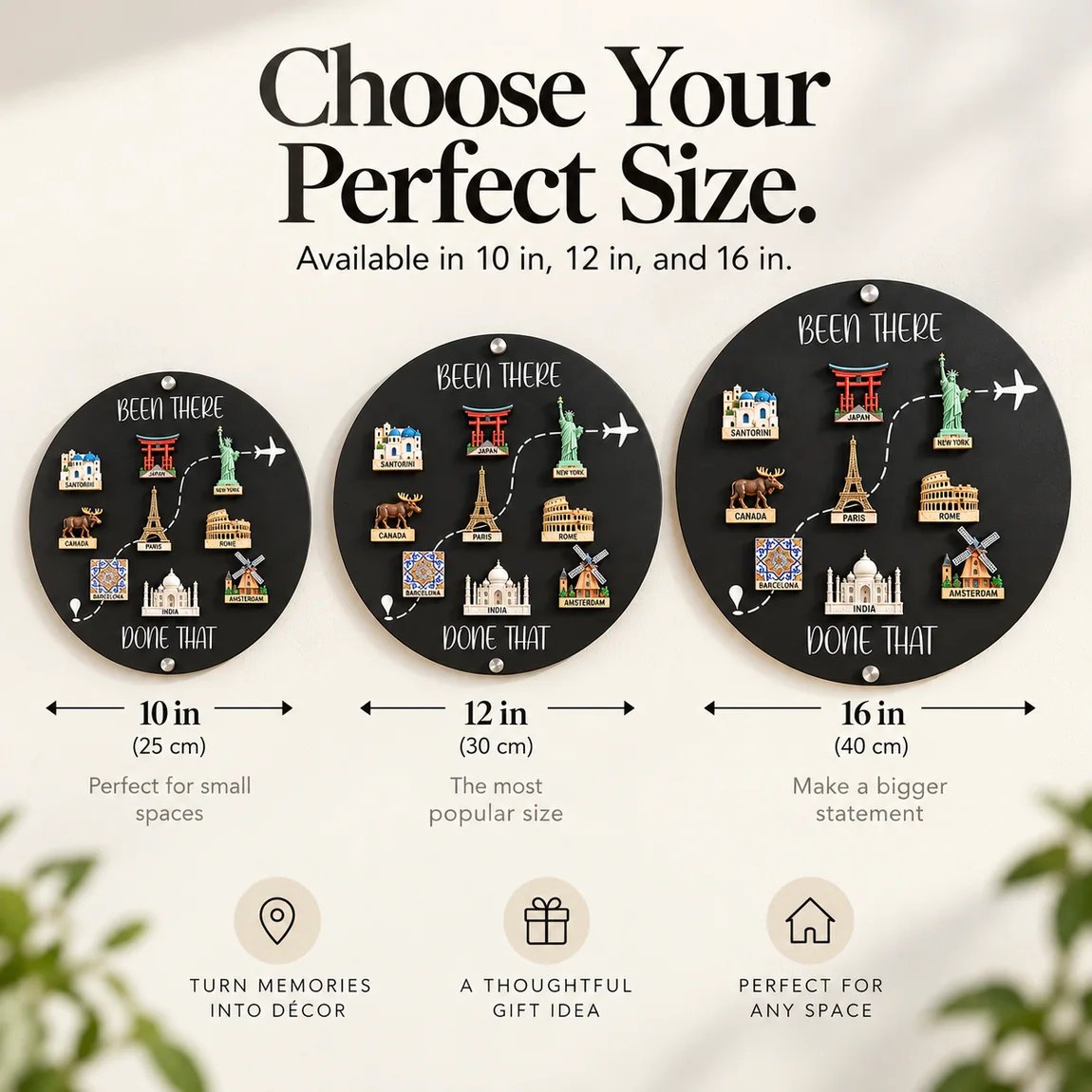 Travel magnet board size comparison showing 10 inch, 12 inch and 16 inch options