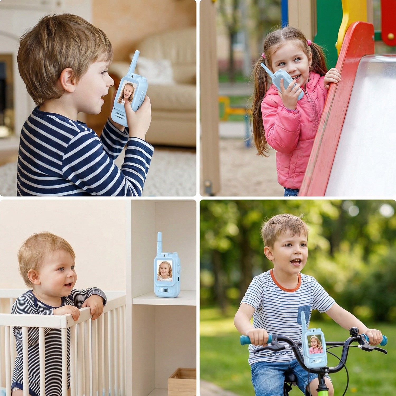 Kids using video walkie talkies in different play scenes