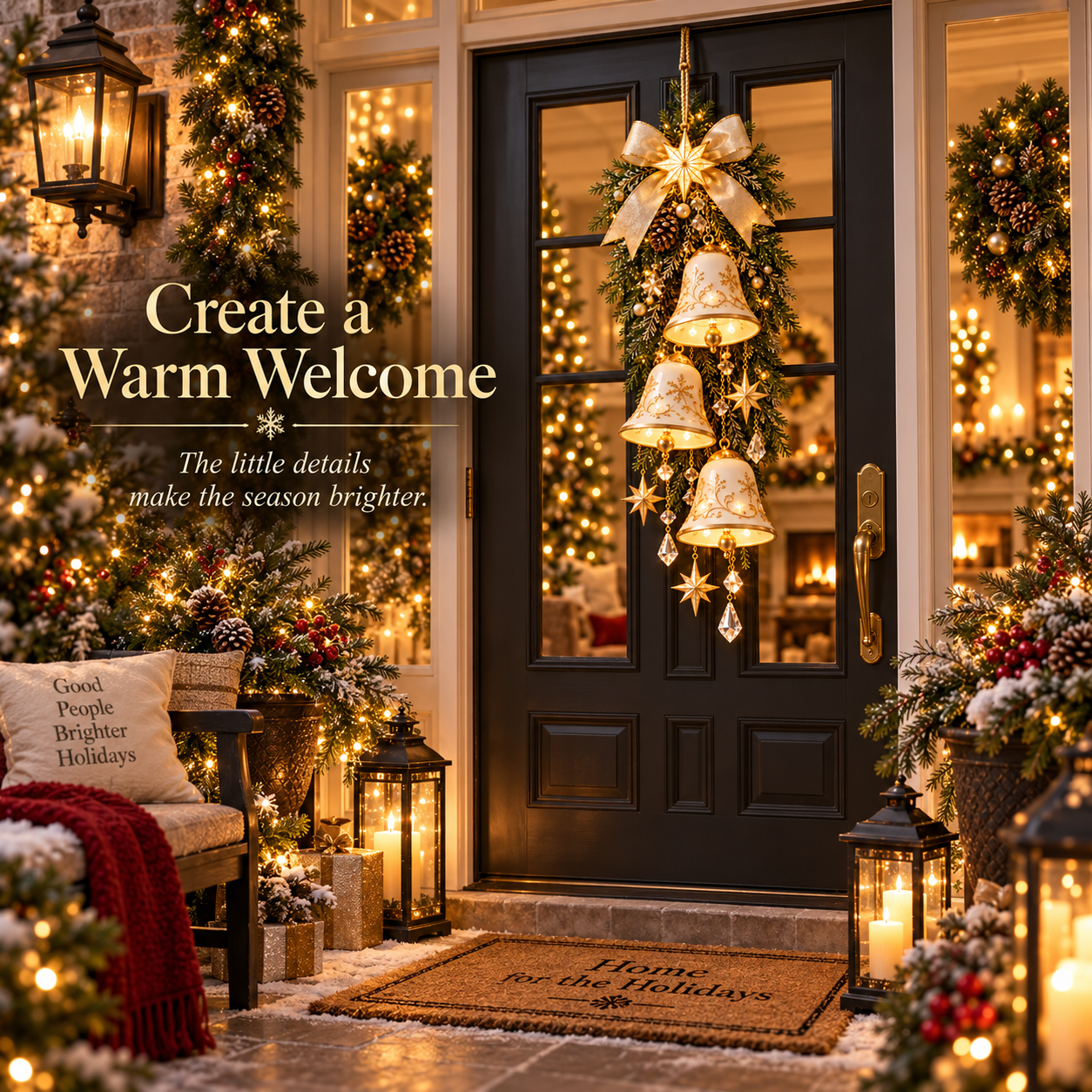 Lighted golden bell Christmas decoration at an entryway
