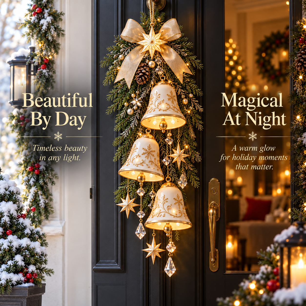 Golden bell Christmas hanging shown by day and night