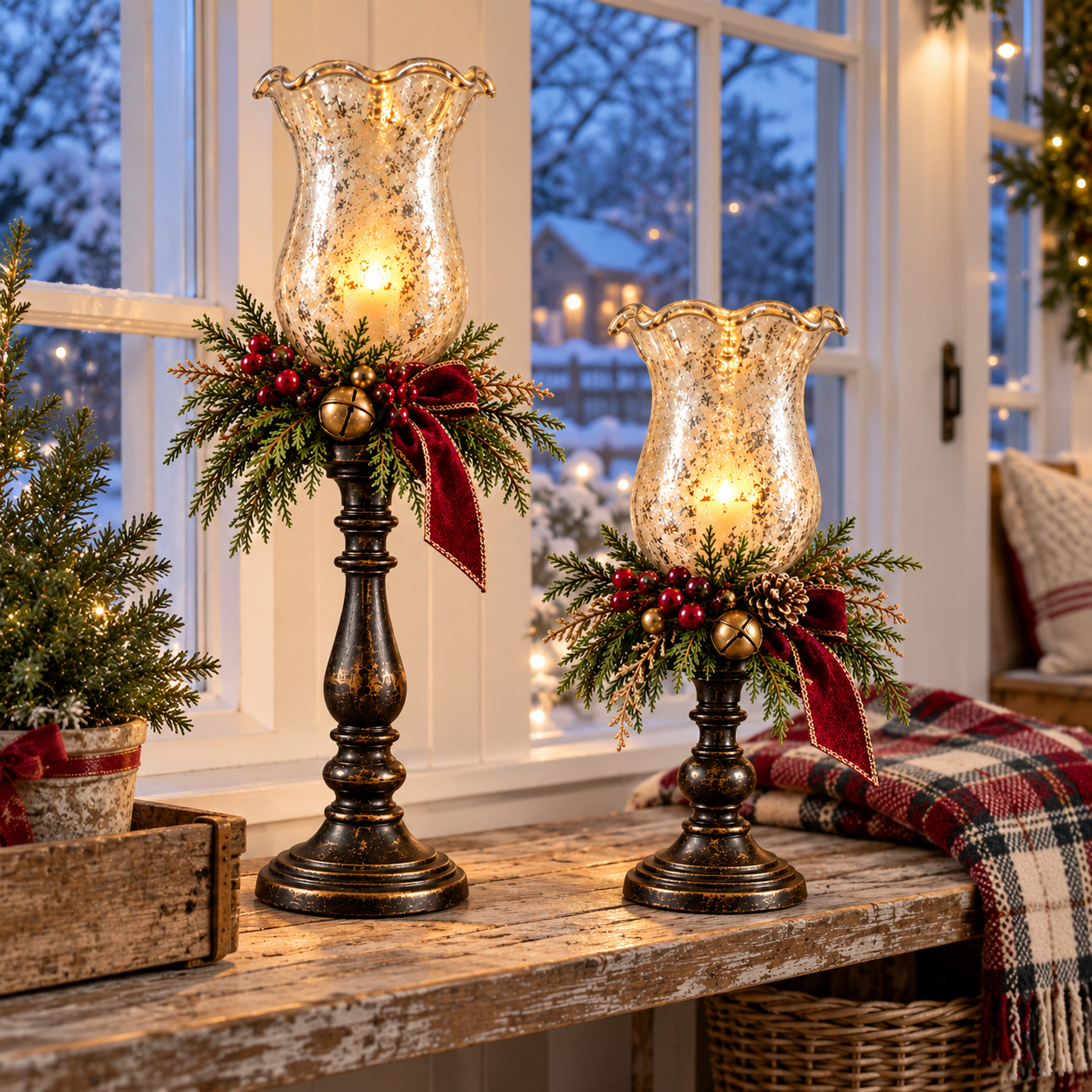 Christmas mercury glass lamps displayed near window